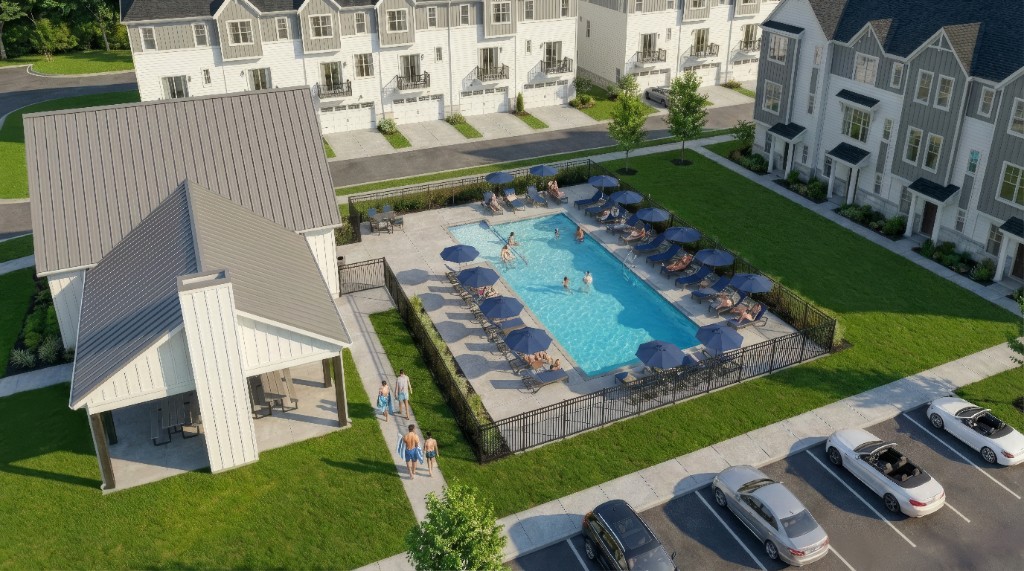 Community pool and townhomes aerial rendering