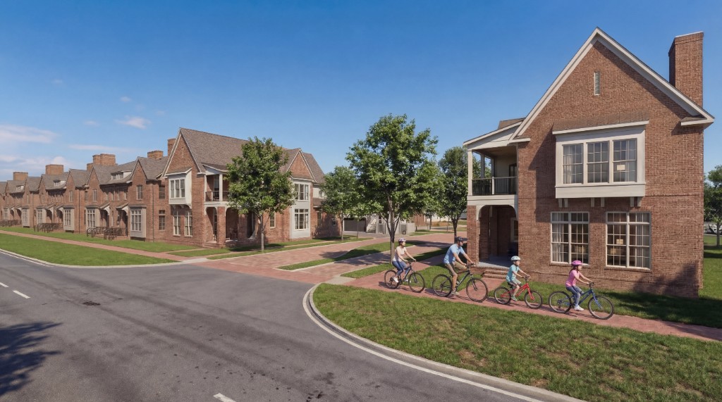 Family biking through New Albany brick townhome community rendering