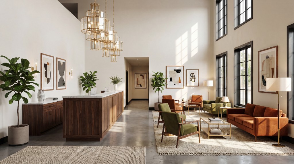 Strip retail with palm trees rendering