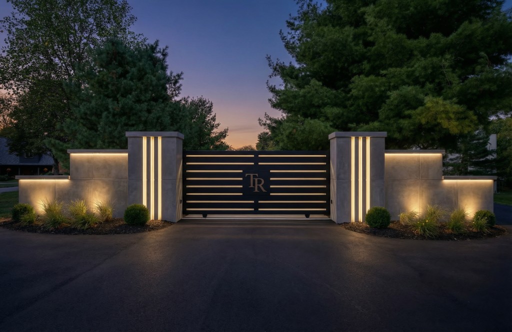 Modern cabin rendering with fire pit and pool