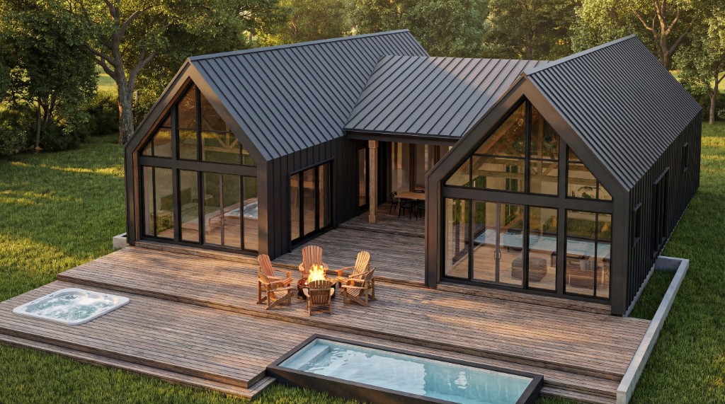 Modern farmhouse at dusk